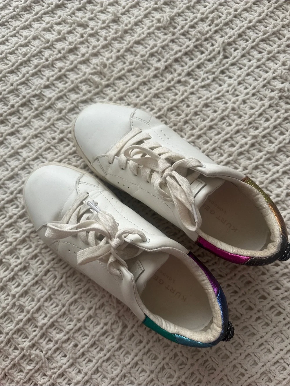 Kurt Geiger White Leather Sneakers with Rainbow Metallic Heel Tabs